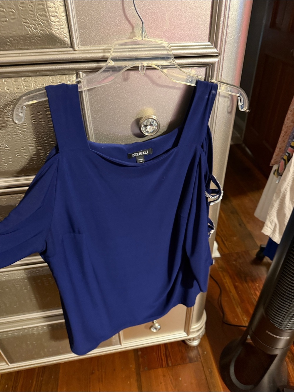 Roz & Ali Deep Blue Cold-Shoulder Drape Blouse